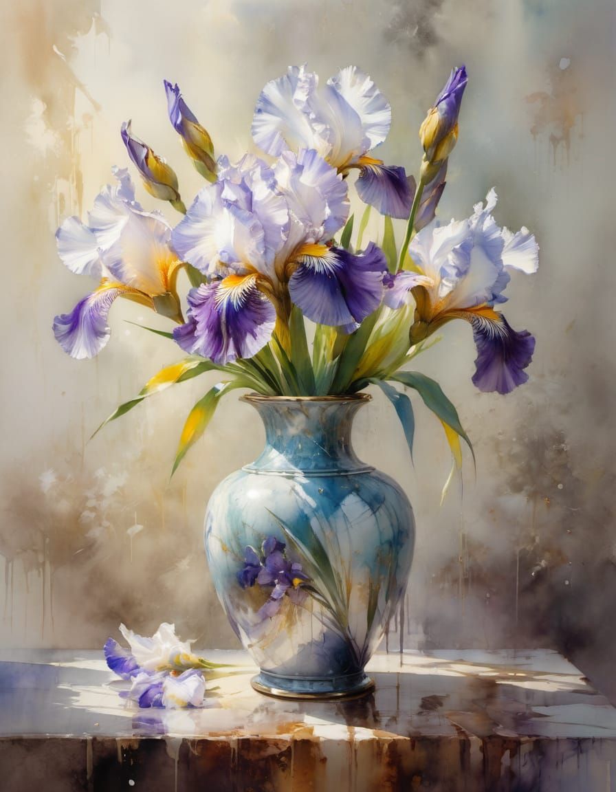 Marble Vase of Irises Watercolor Painting