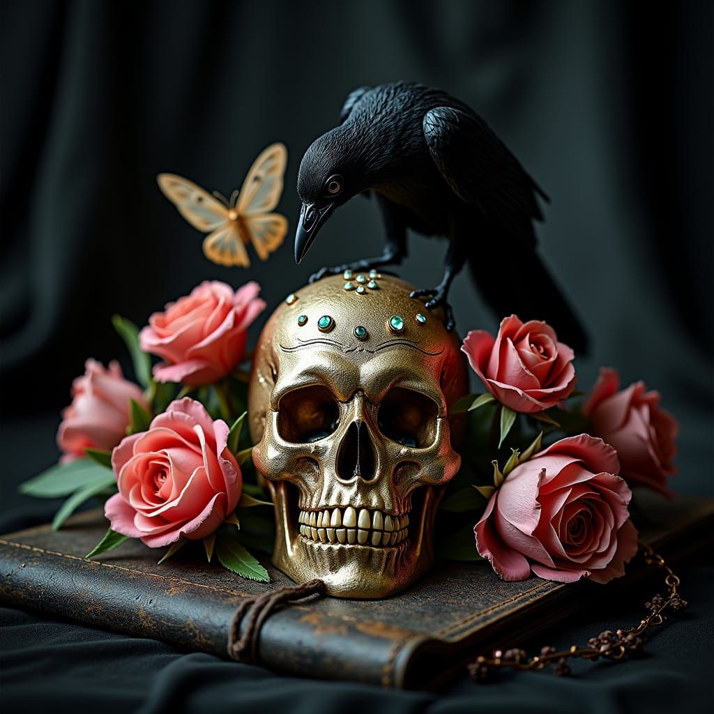 Victorian Still Life with Skull, Raven and Roses