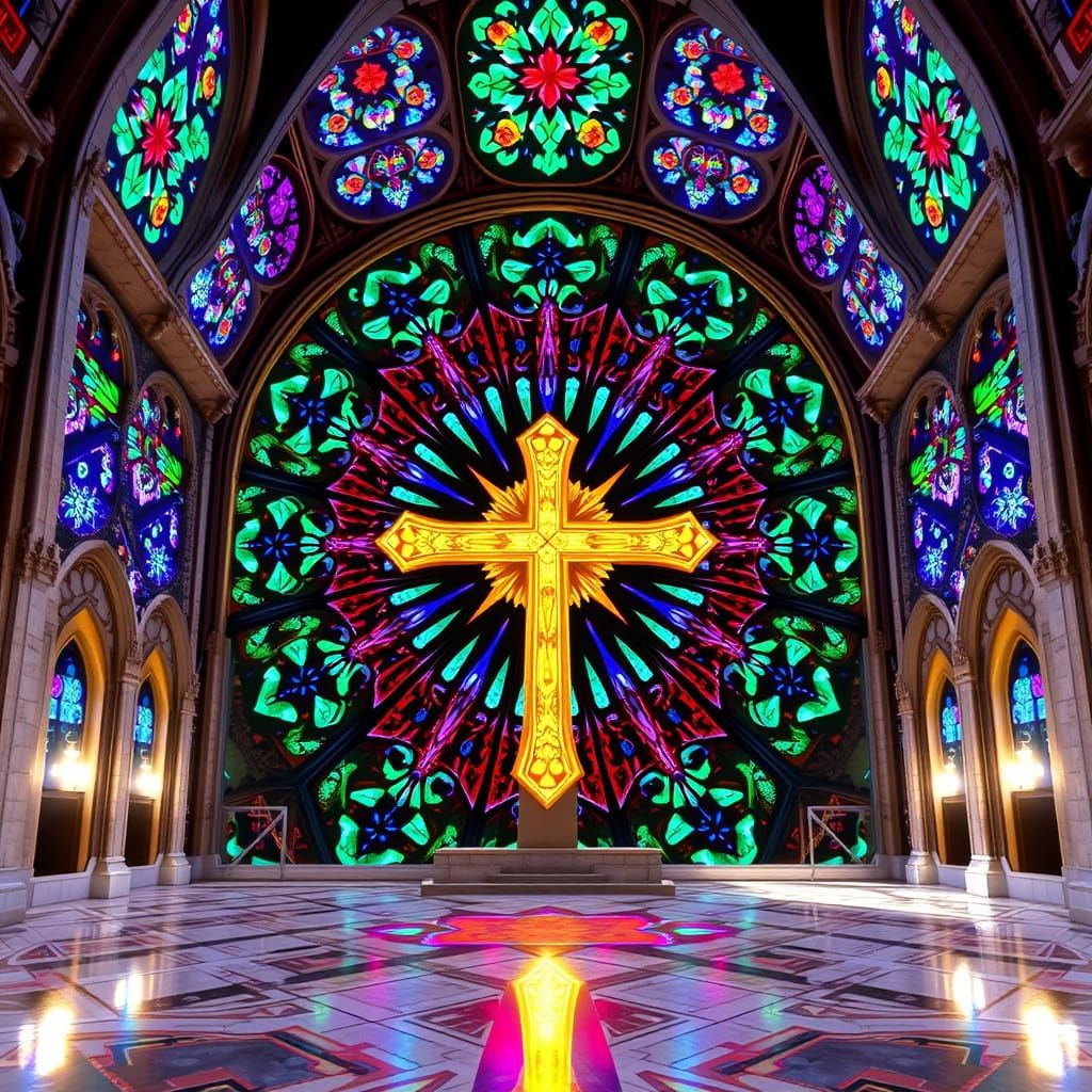 Radiant Golden Cross in Stained Glass Cathedral