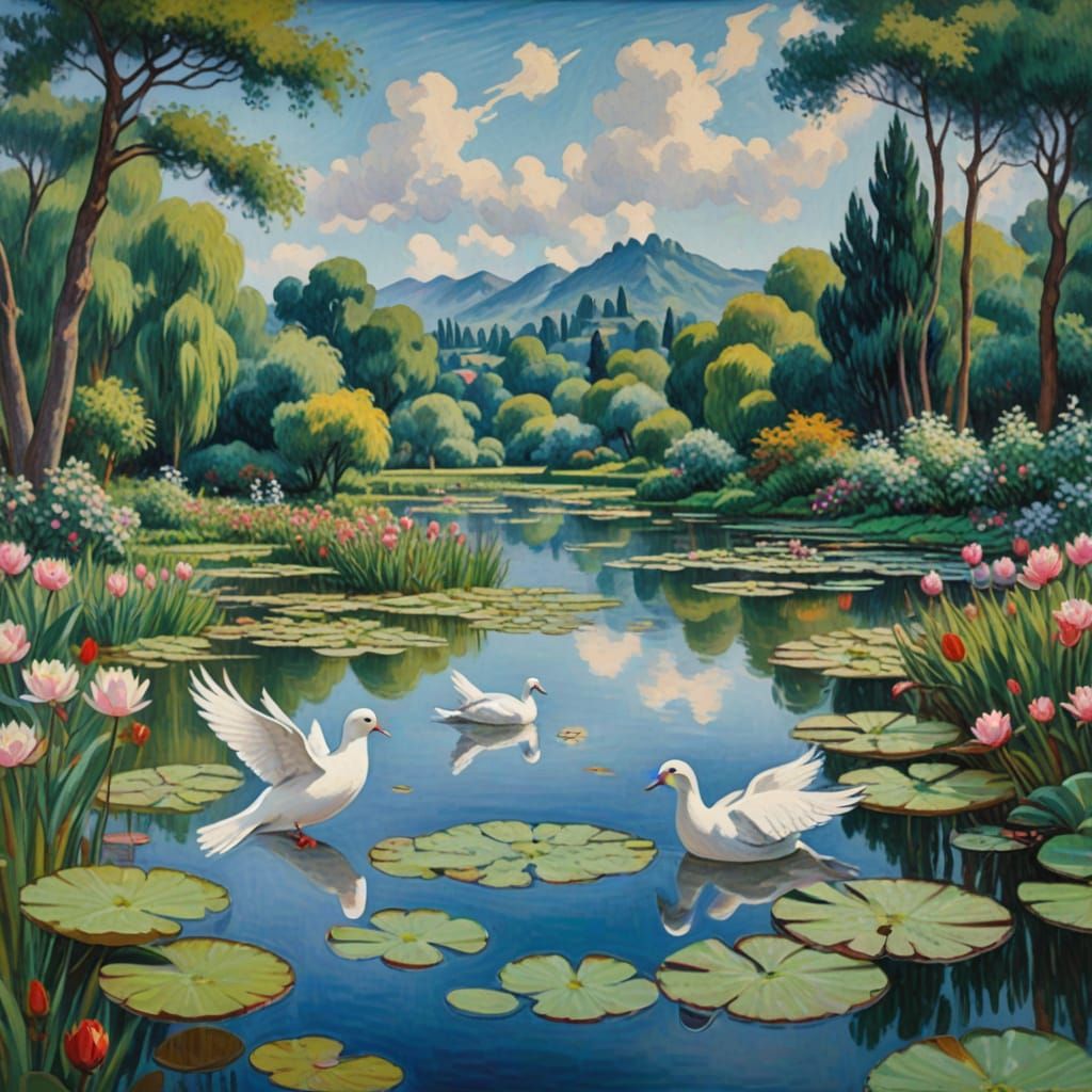 Ethereal White Doves Over Water Lilies in Impressionist Styl...