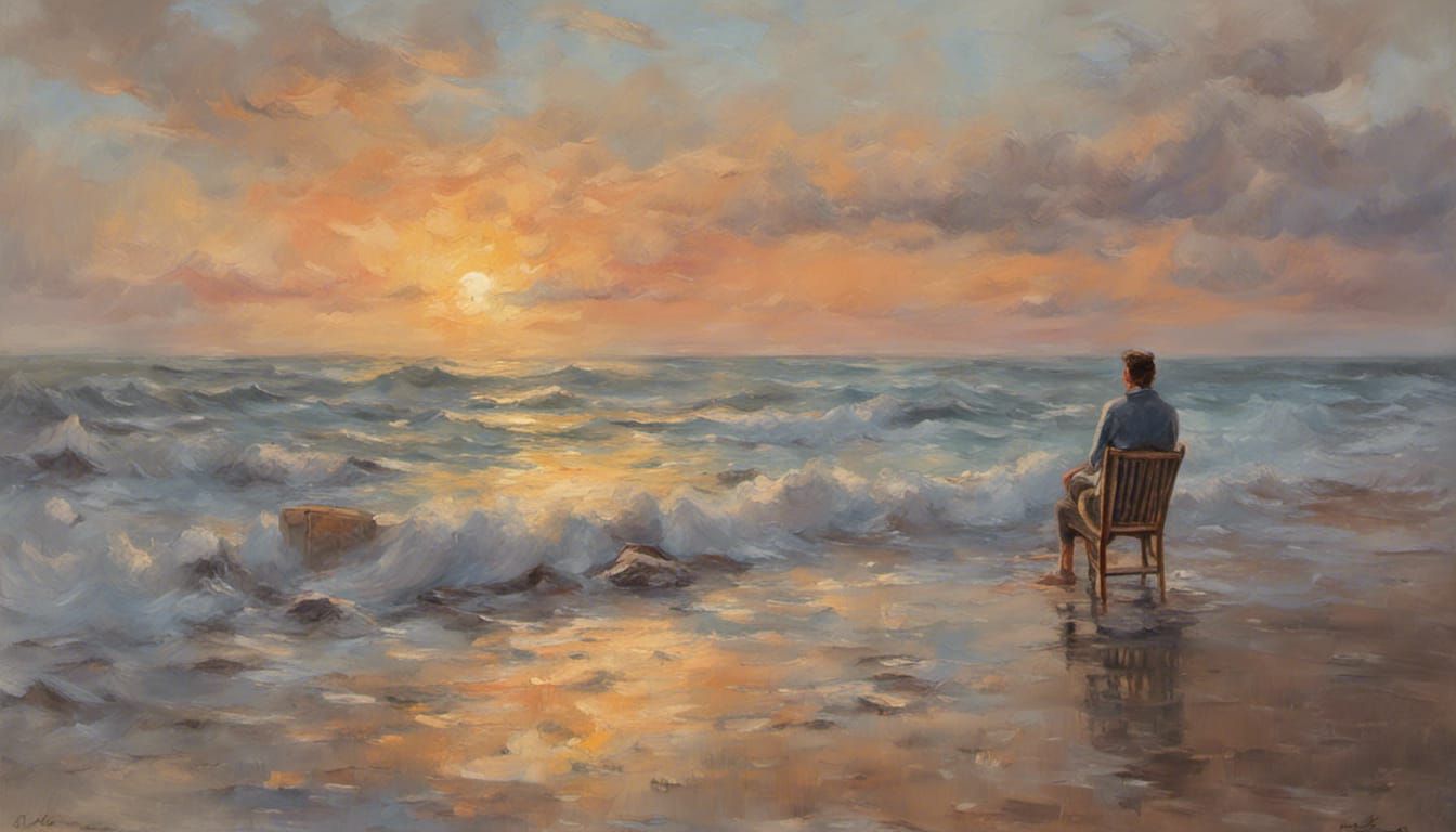 Man Overcome by Tide, Impressionist Oil Painting