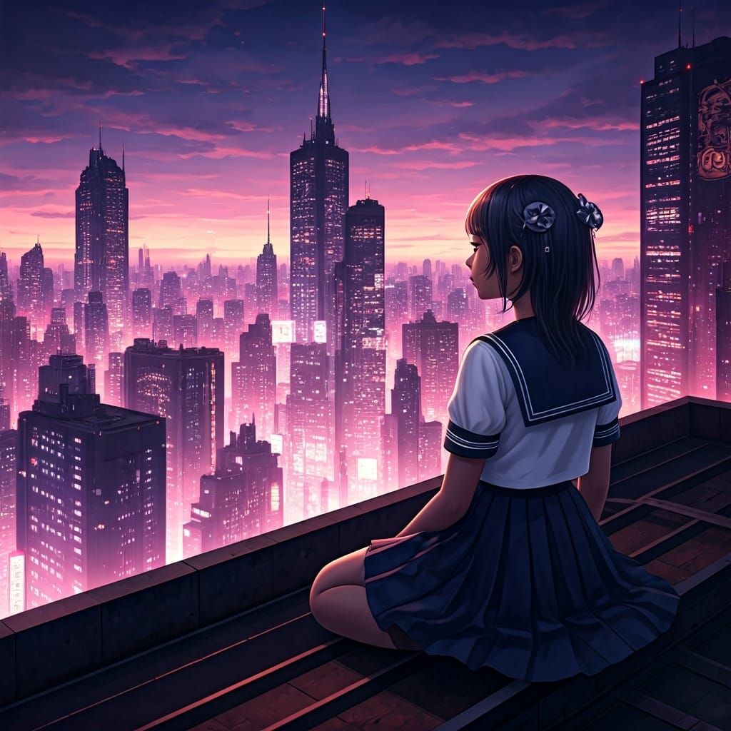 Cyberpunk Girl Gazing Over Neon Ecumenopolis