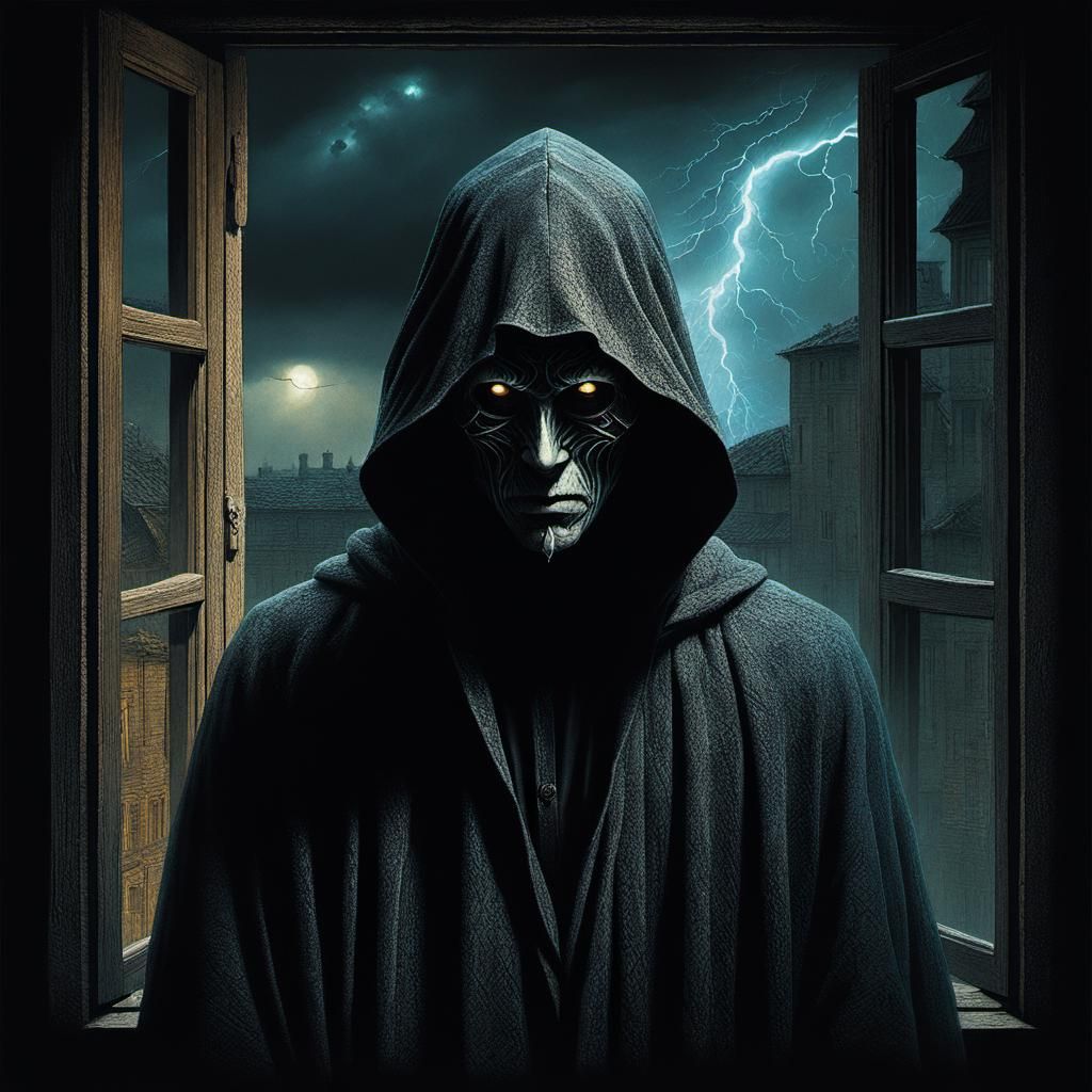 Dark Hooded Figure in Ominous Lightning Storm