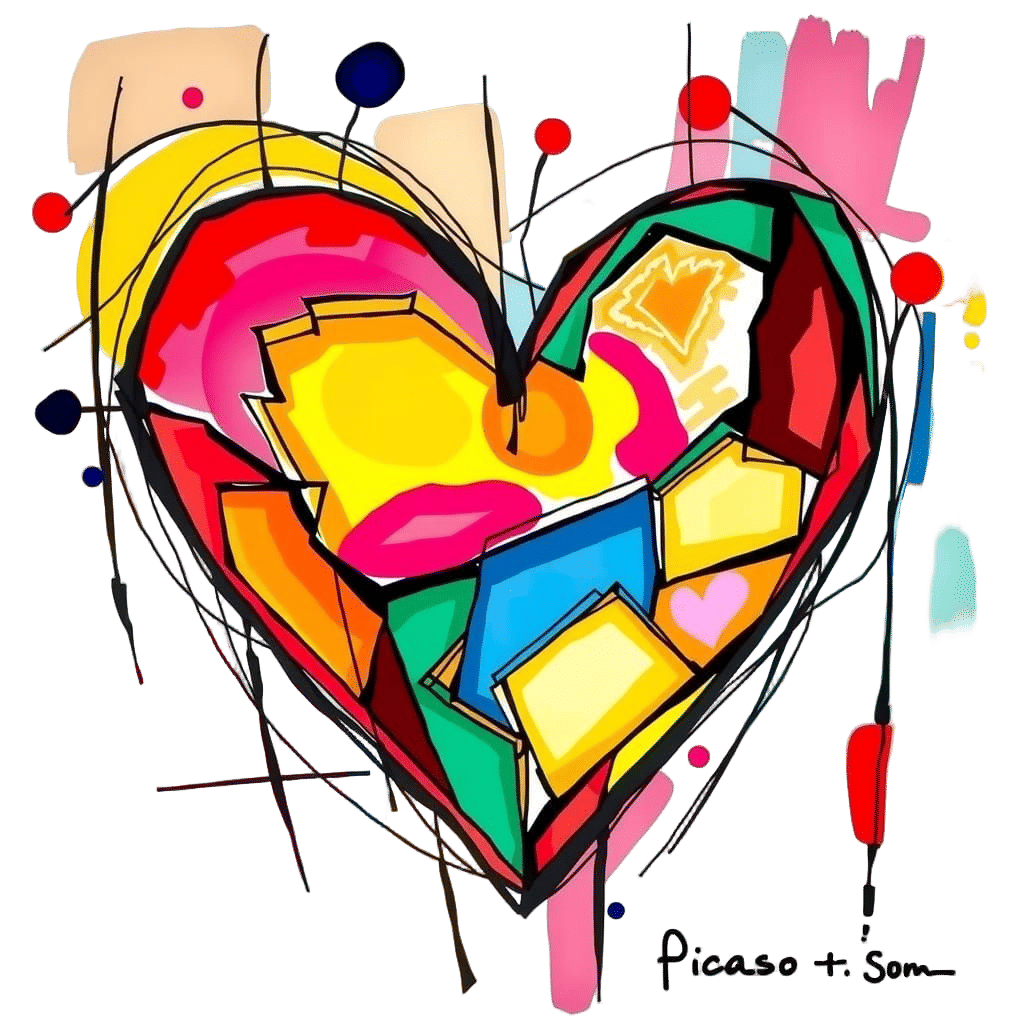 Neon Hearts in Abstract Cubist Style