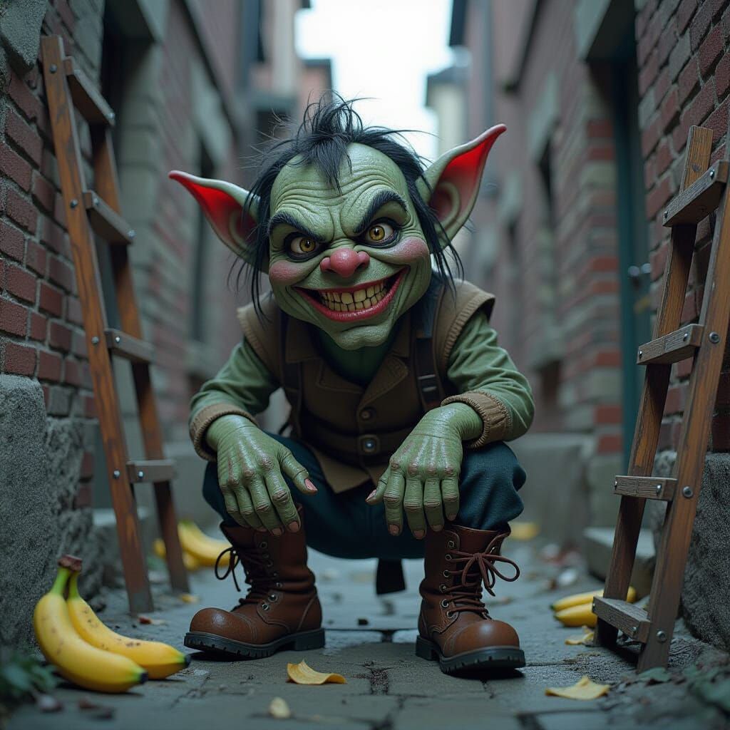 Grotesque Goblin in Cluttered Alley, Hyperrealistic Film Sti...