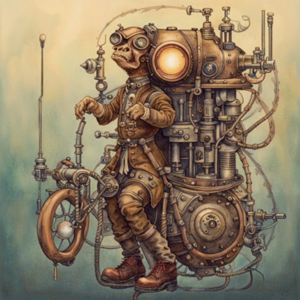 Steampunk Cowboy on Zeppelin in Watercolor Style