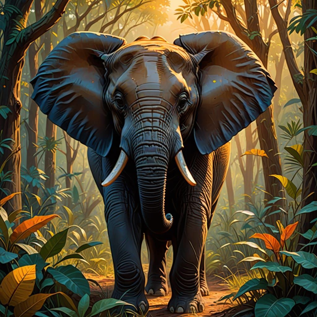 Pygmy Elephant in African Forest as Oil Painting