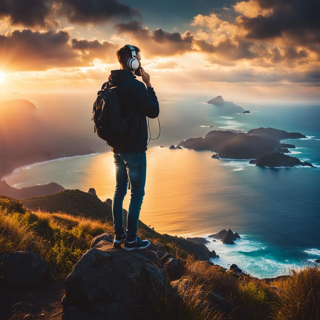 Man on Mountain at Sunset with Headphones