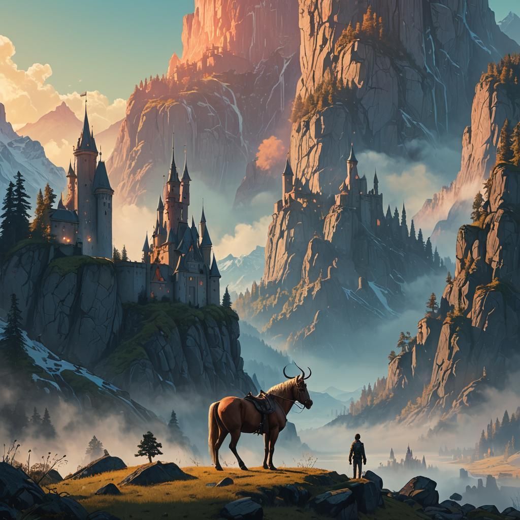 Centaur Guarding Castle in Mountain Landscape