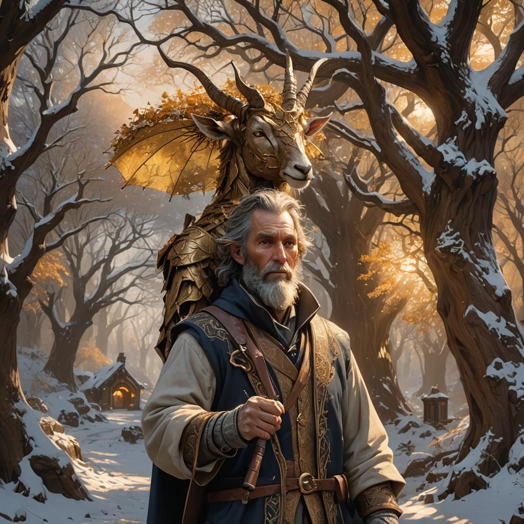 Whimsical Goat-Man in Snowy Forest, Art Nouveau Style