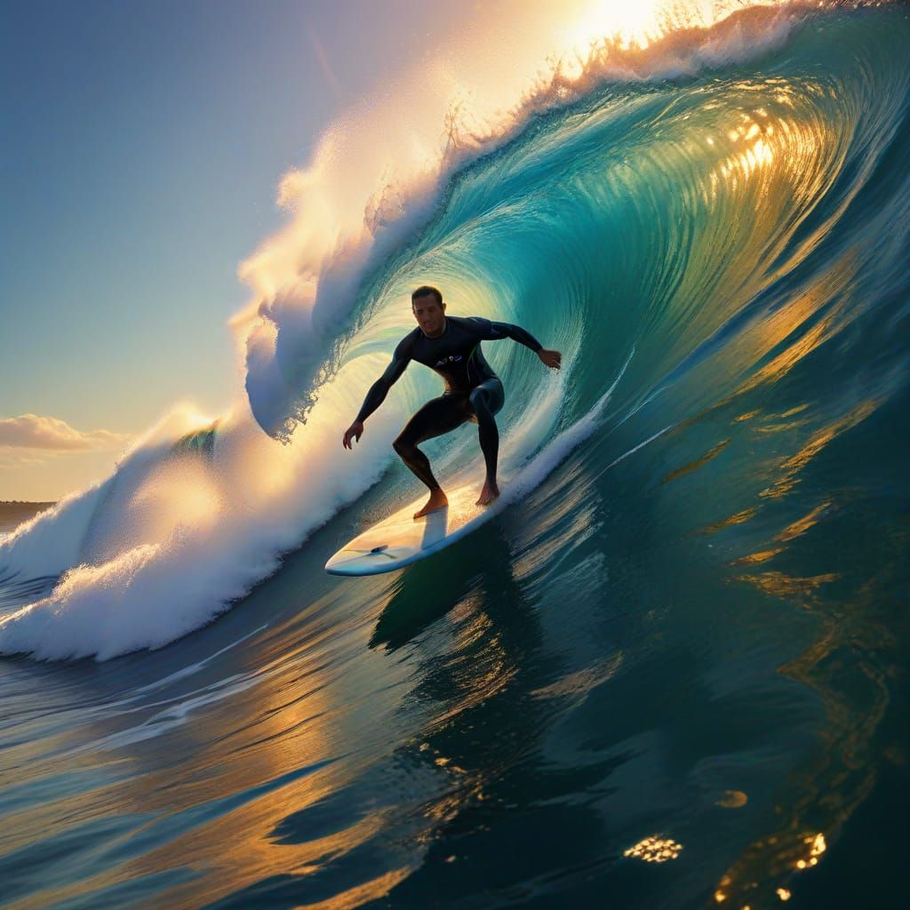 Thrilling Pipeline Surf Scene in Vibrant Oil Painting Style