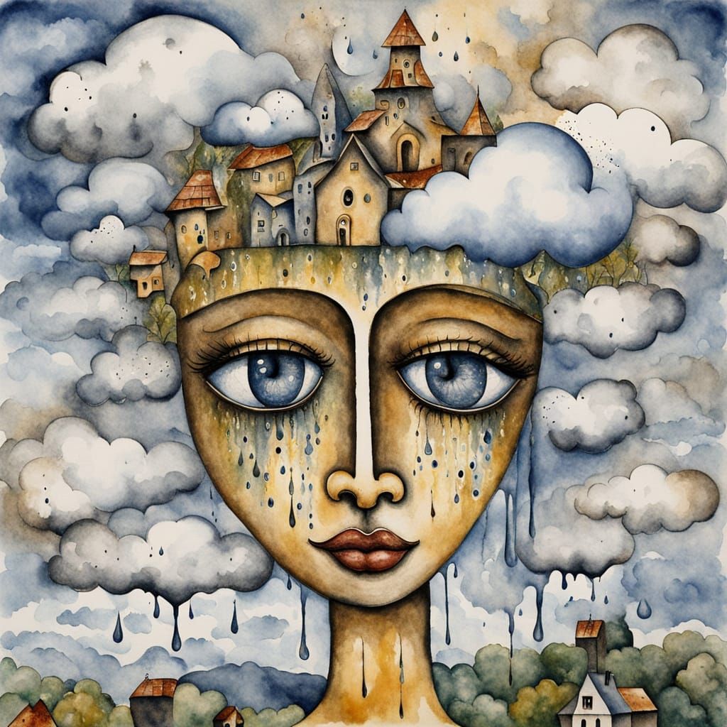 Whimsical Surreal Face Crying Rain Over Village