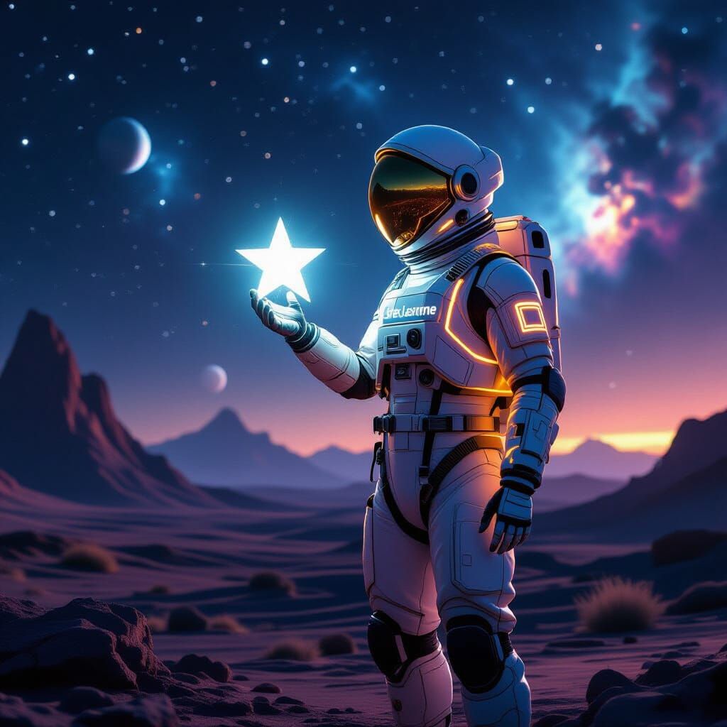 Astronaut Contemplates Cosmic Light on Alien World