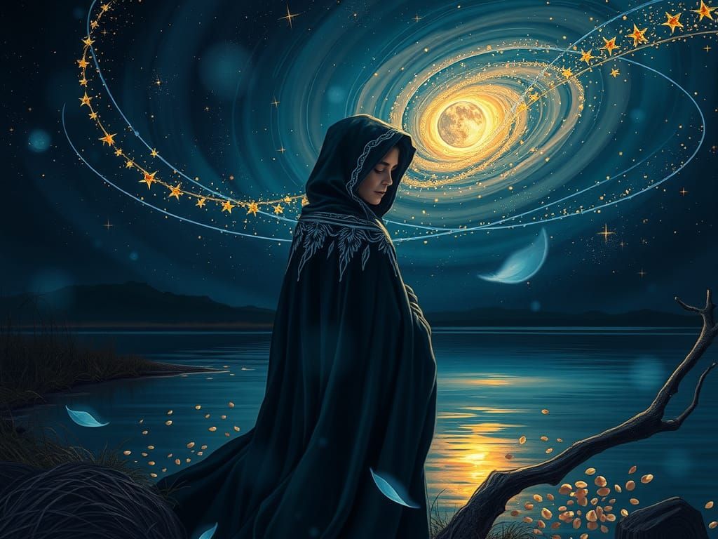 Mystical Figure Weeping in Astral Landscape