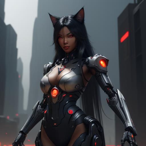Futuristic Cat-Girl with Cyberpunk Mech Details