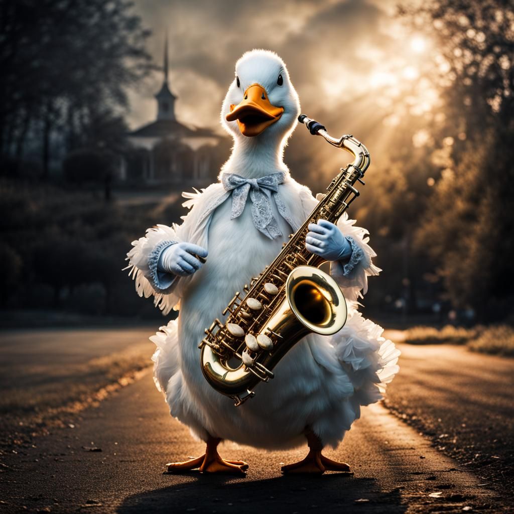 Hyperrealistic Spooky Duck Playing Saxophone in Costume