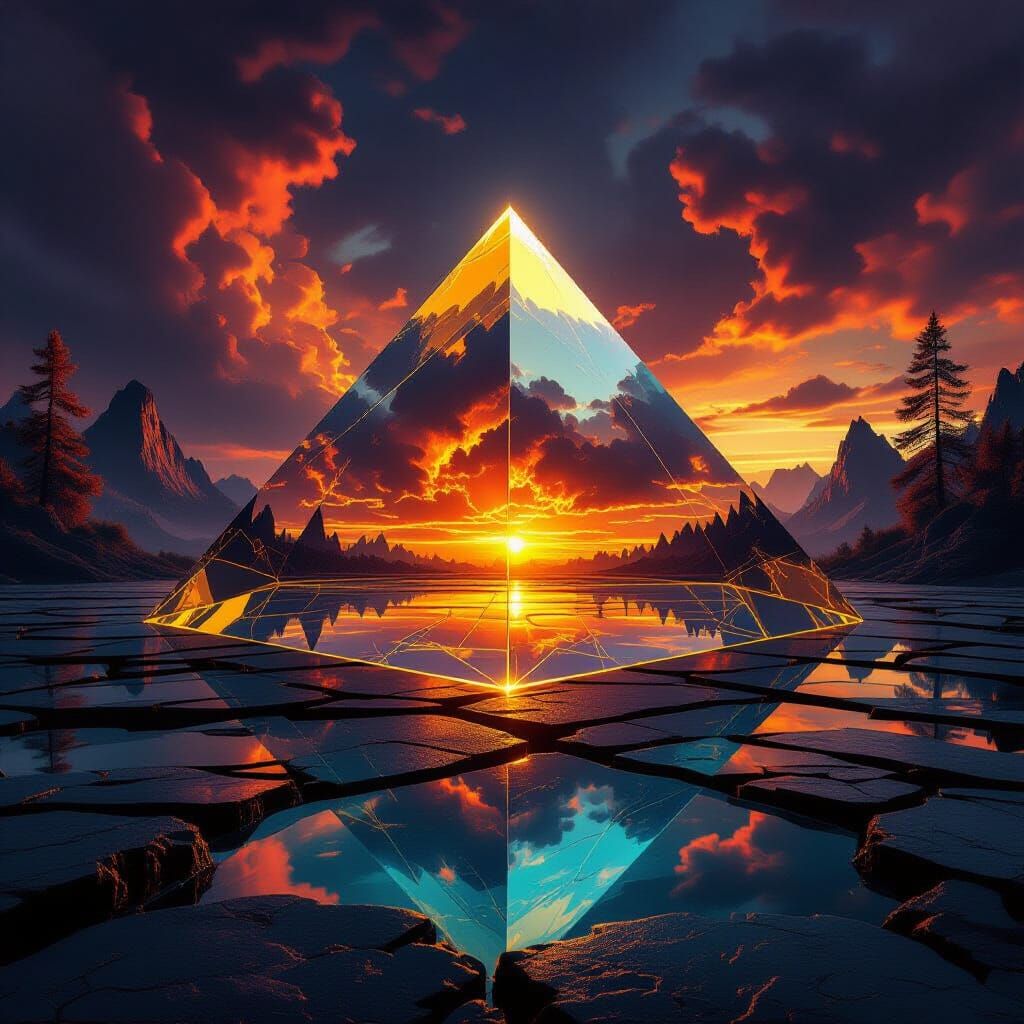Crystal Pyramid Refracts Apocalyptic Sunset in Dark Fantasy