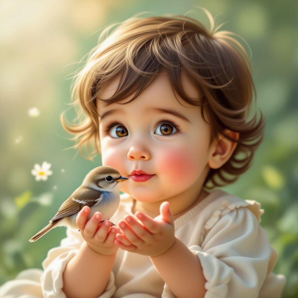 Baby Blowing Kiss to Tiny Bird in Soft Light