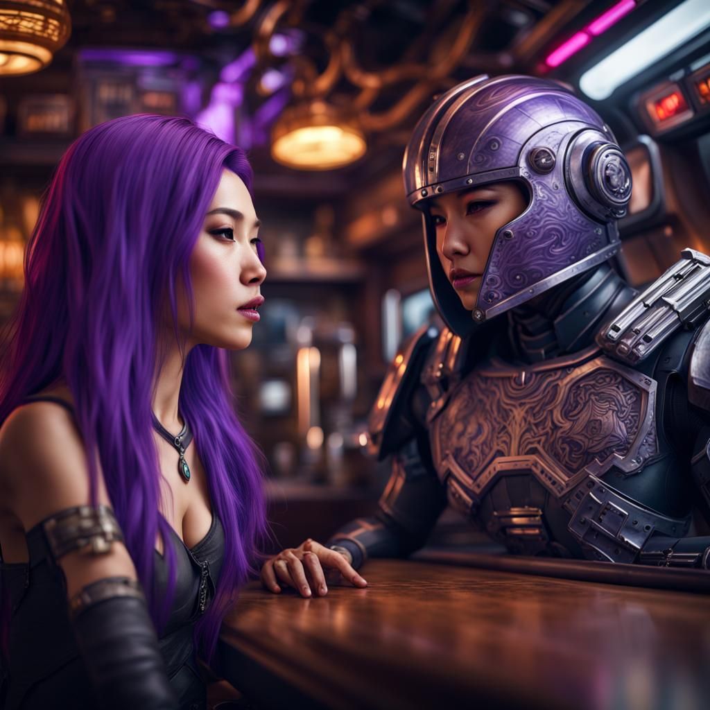 Purple Haired Woman Talks to Bounty Hunter in Space