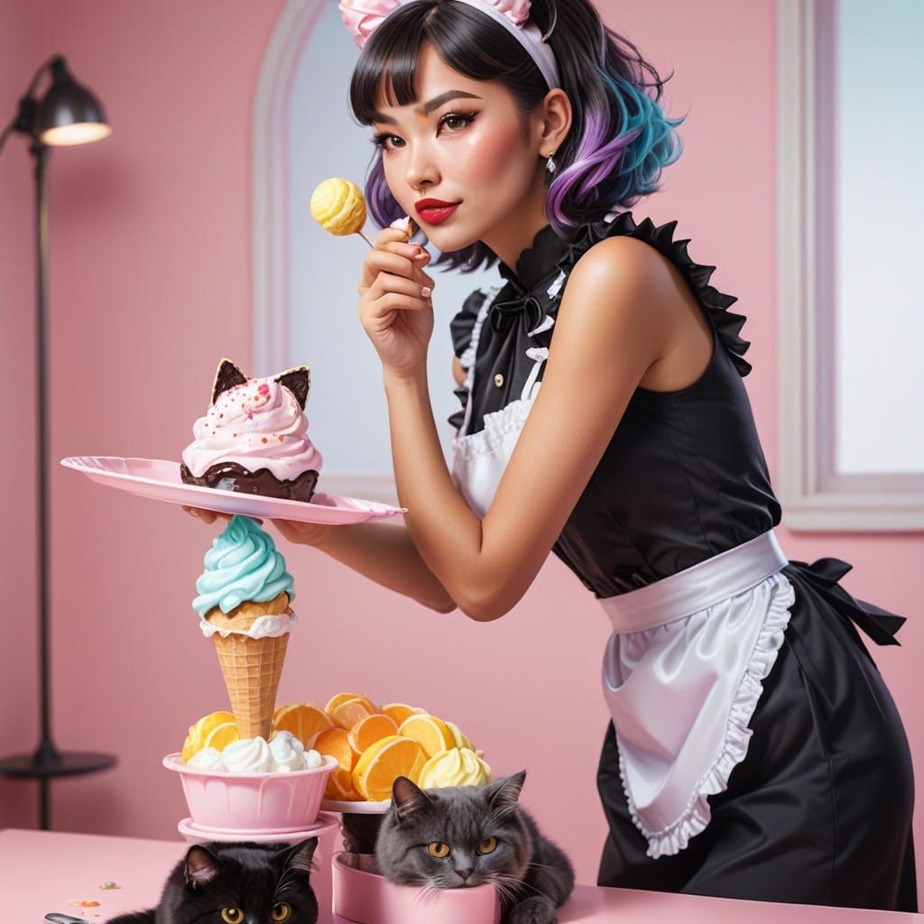 Hyperrealistic Maid with Ice Cream in Pop Art Style
