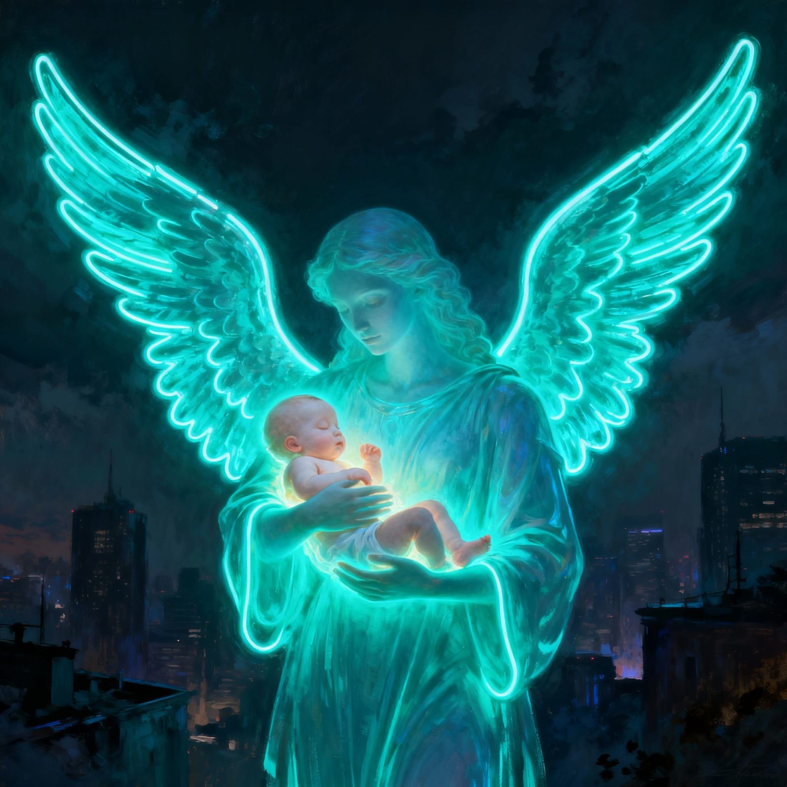 Neon Angel Cradles Baby in Moody Cityscape