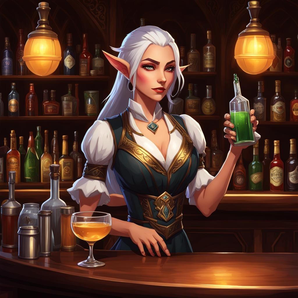 Night Elf Bartender in Hearthstone Style
