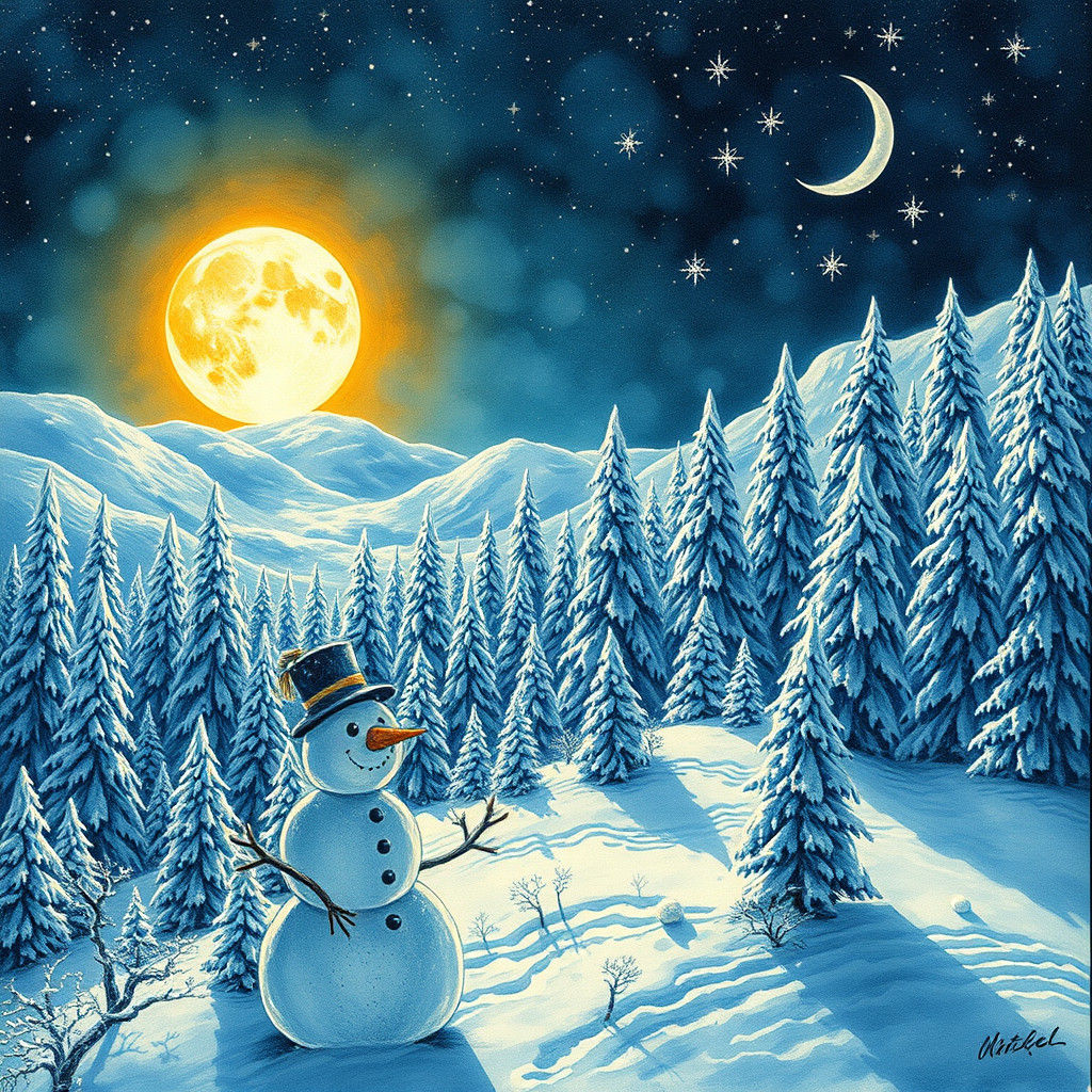 Majestic Forest of Snowmen in Ethereal Light