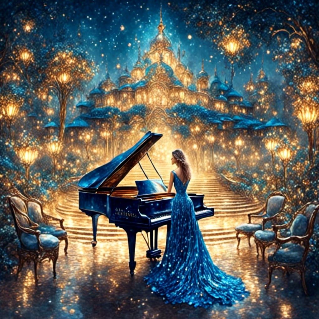 Pianist on Open Air Stage in Starlight