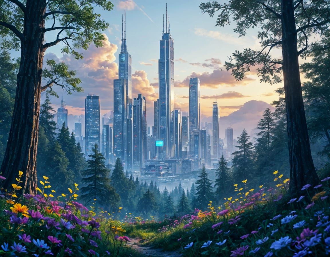Futuristic Cityscape Merged with Lush Forest and Waterfall