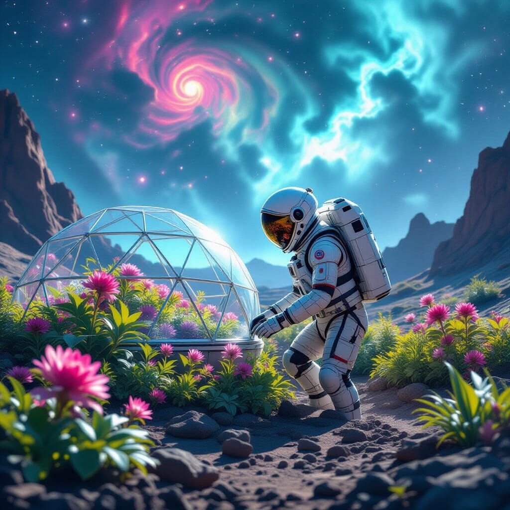 Astronaut's Alien Garden Under Nebula Sky