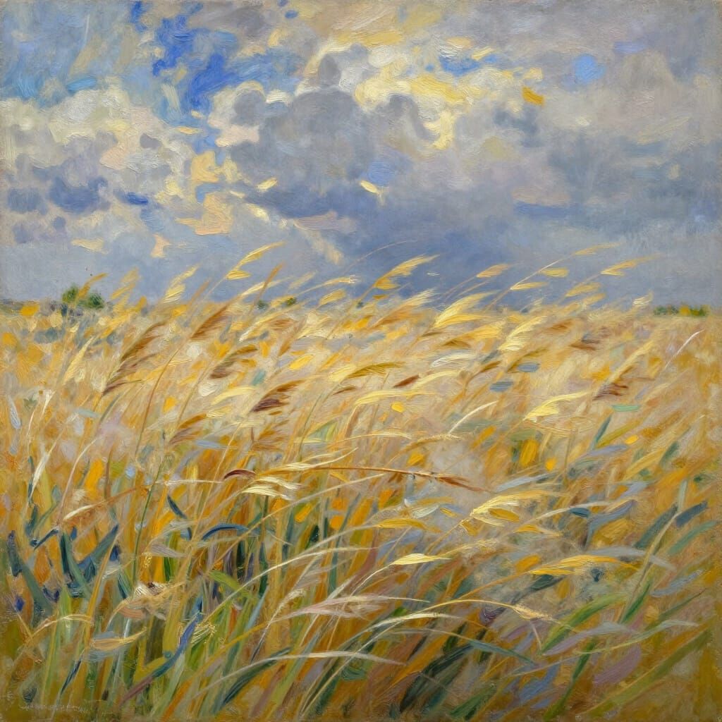 Golden Grass Field Under Dramatic Sky Oil Painting