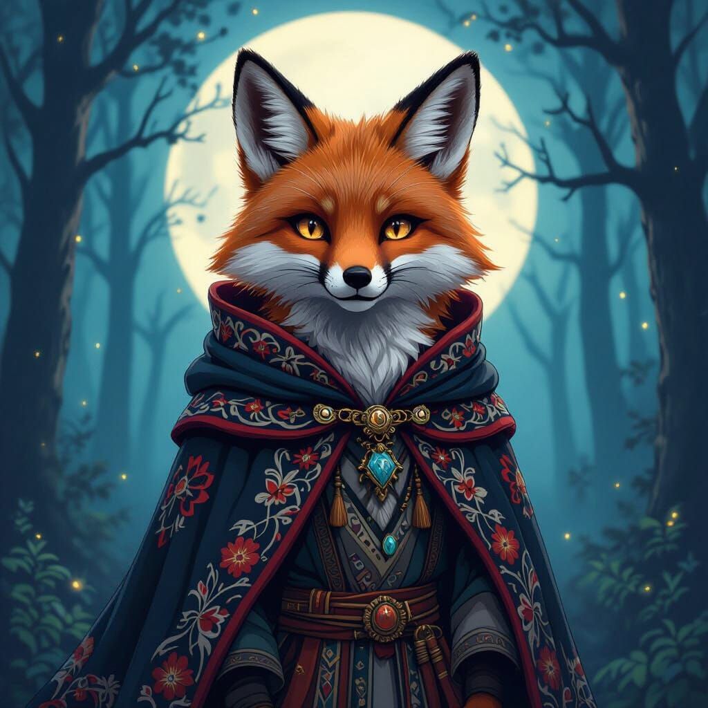 Mystical Fox-Cat Hybrid in Moonlit Forest