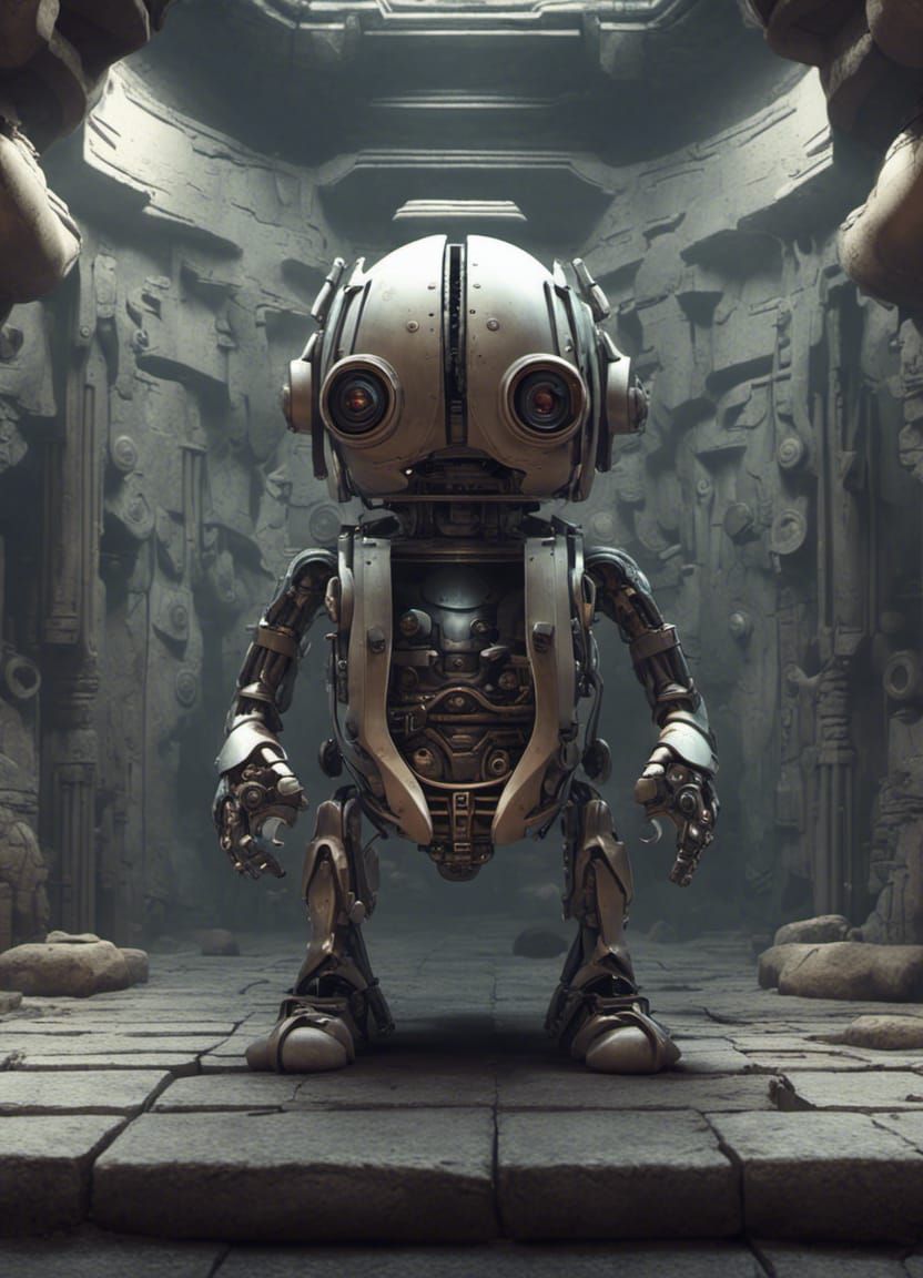 In dungeon full body symmetrical cute and creepy robot werid...