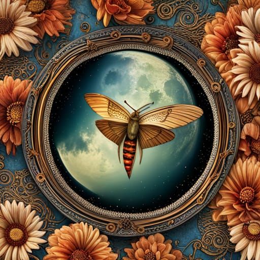 Moth and Moon Collage in Psychedelic Style
