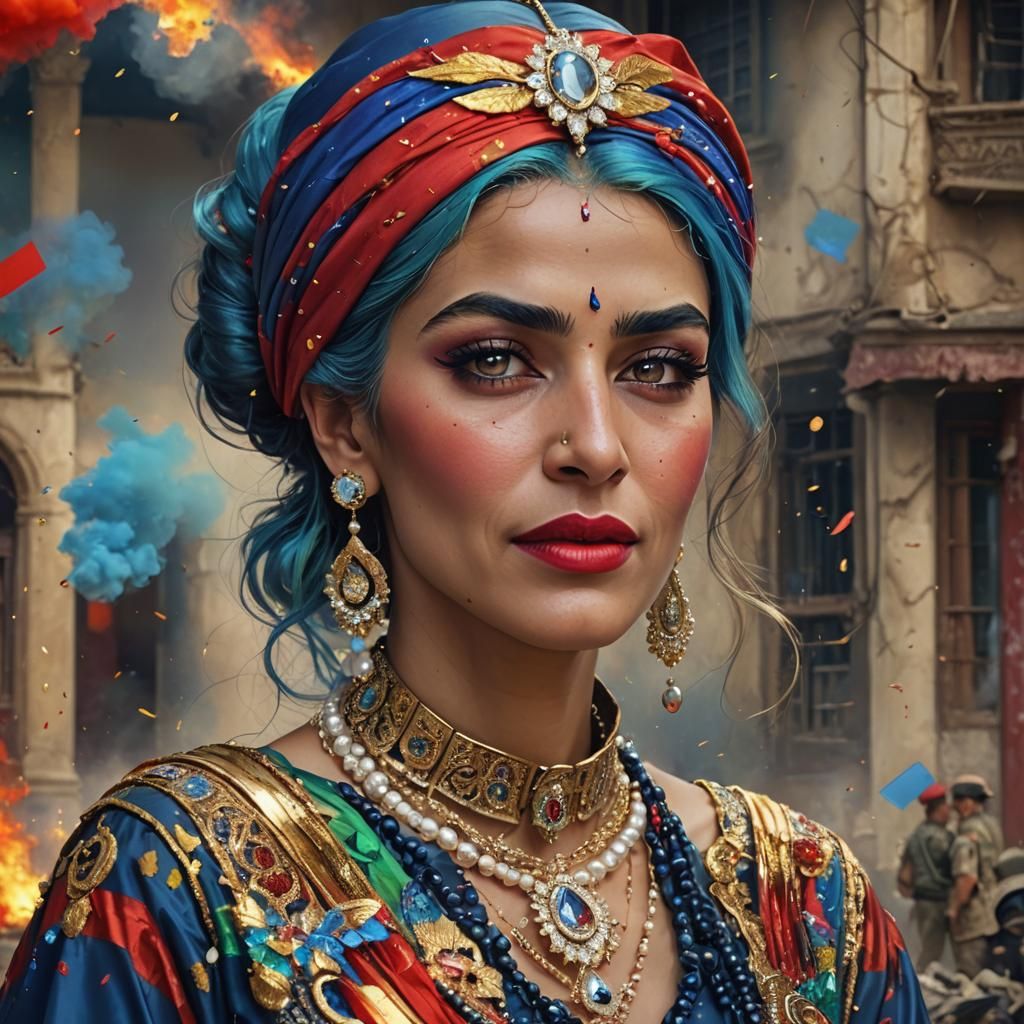 Military Muslim Woman with Rainbow Hair