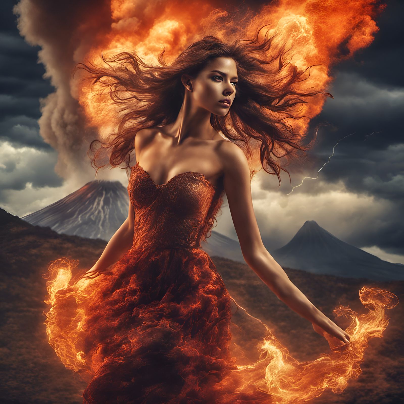 Dancing Girl on Volcano in Photorealistic Style
