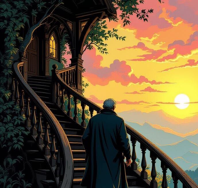 Man Ascends Hopeful Staircase from Darkness to Sunrise