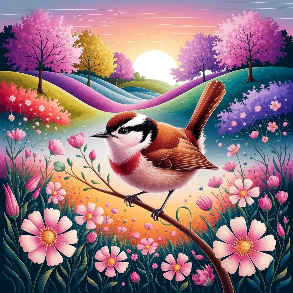 Whimsical Springtime Bird Scene with Vibrant Blooms and Roll...