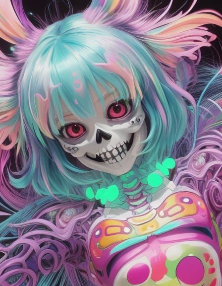 Cheerful Skeleton Dances in Anime Pastel Dreamscape