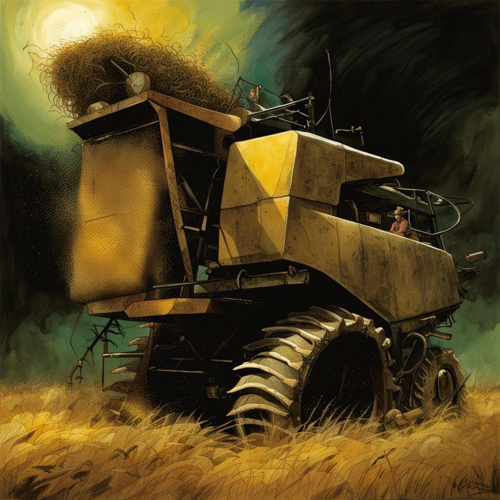 Dramatic Combine Harvester Illustration in Collage Style