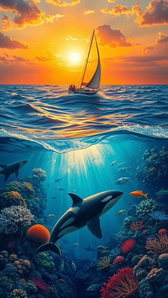 Surreal Oceanic Scene with Sailboat and Underwater World