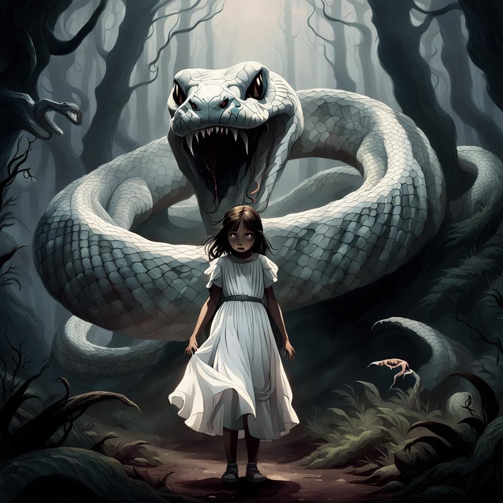 Eerie Dark Fantasy: Girl and Snake in Misty Forest