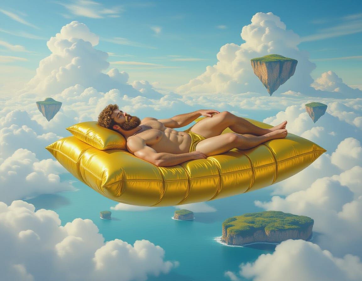 Muscular Man Sleeps on Golden Bed Over Earth in Hyperreal St...