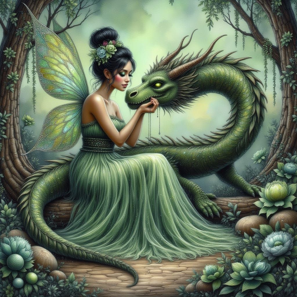 Fairy Kisses Dragon in Dreamy Forest Scene