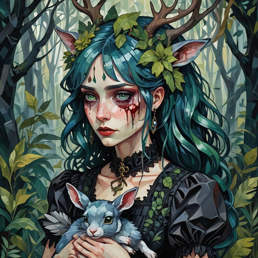 Victorian Woman with Rabbit in Cubist Jungle