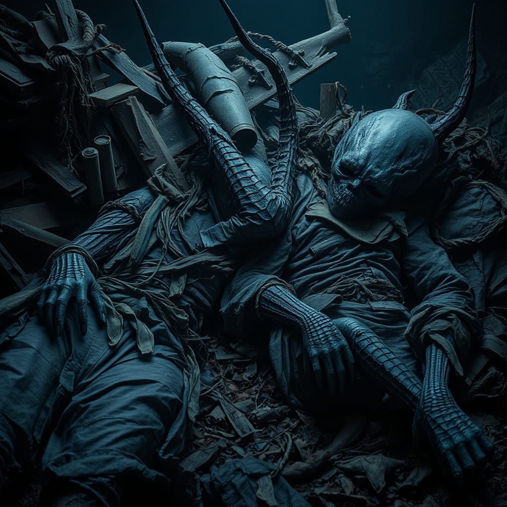 Dark Creatures Slumber in Post-Chaos Hyperrealistic Scene