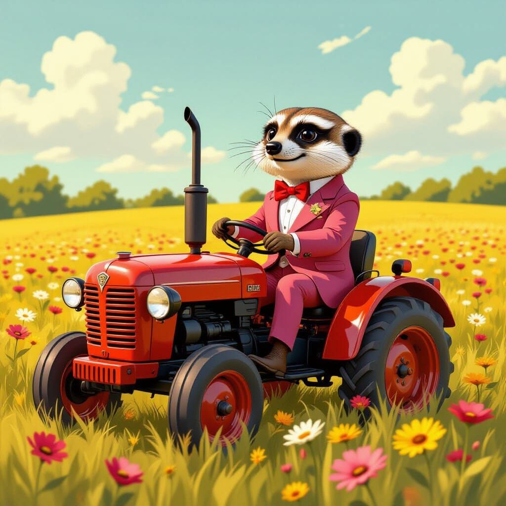 Dapper Meerkat Drives Vintage Tractor Through Wildflower Fie...