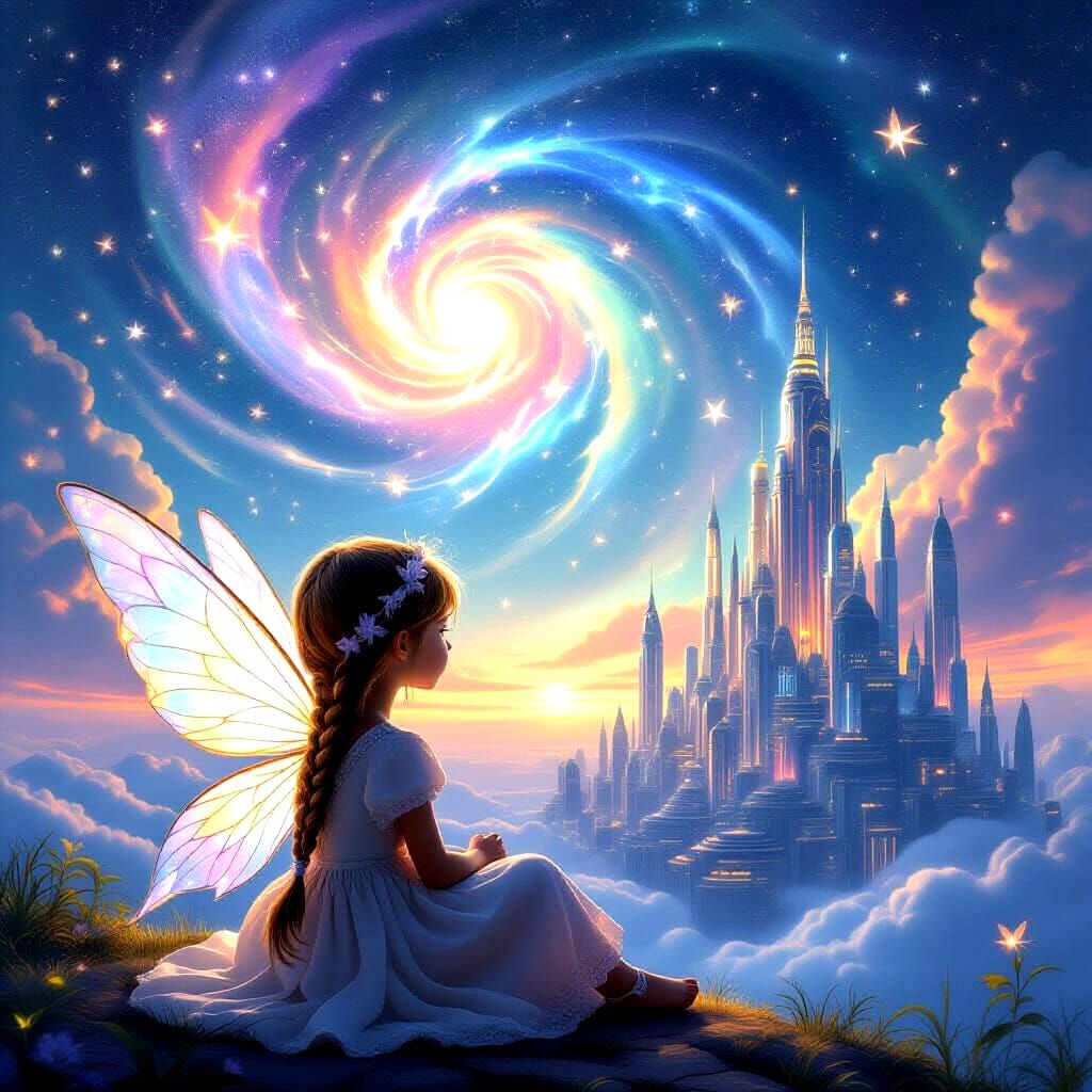 Little Girl and Fairy in Magical Futuristic World