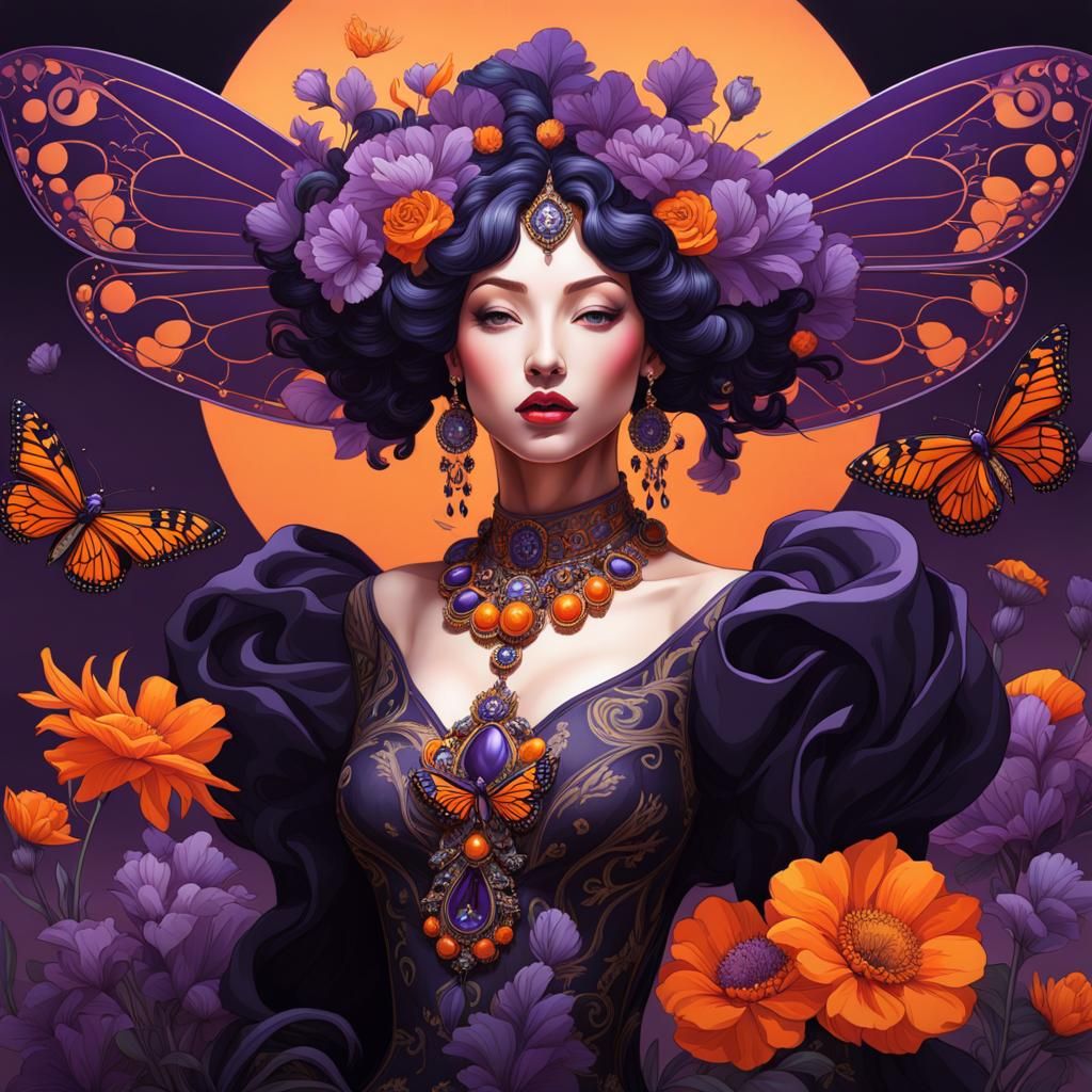 Goddess in Baroque Dress with Flowers and Insects