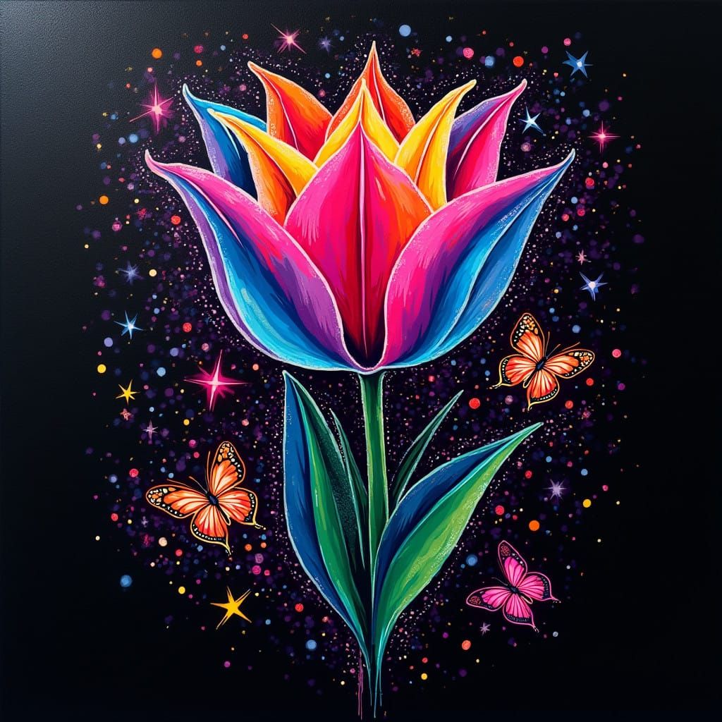 Vibrant Graffiti Art of Twisted Tulip and Butterflies
